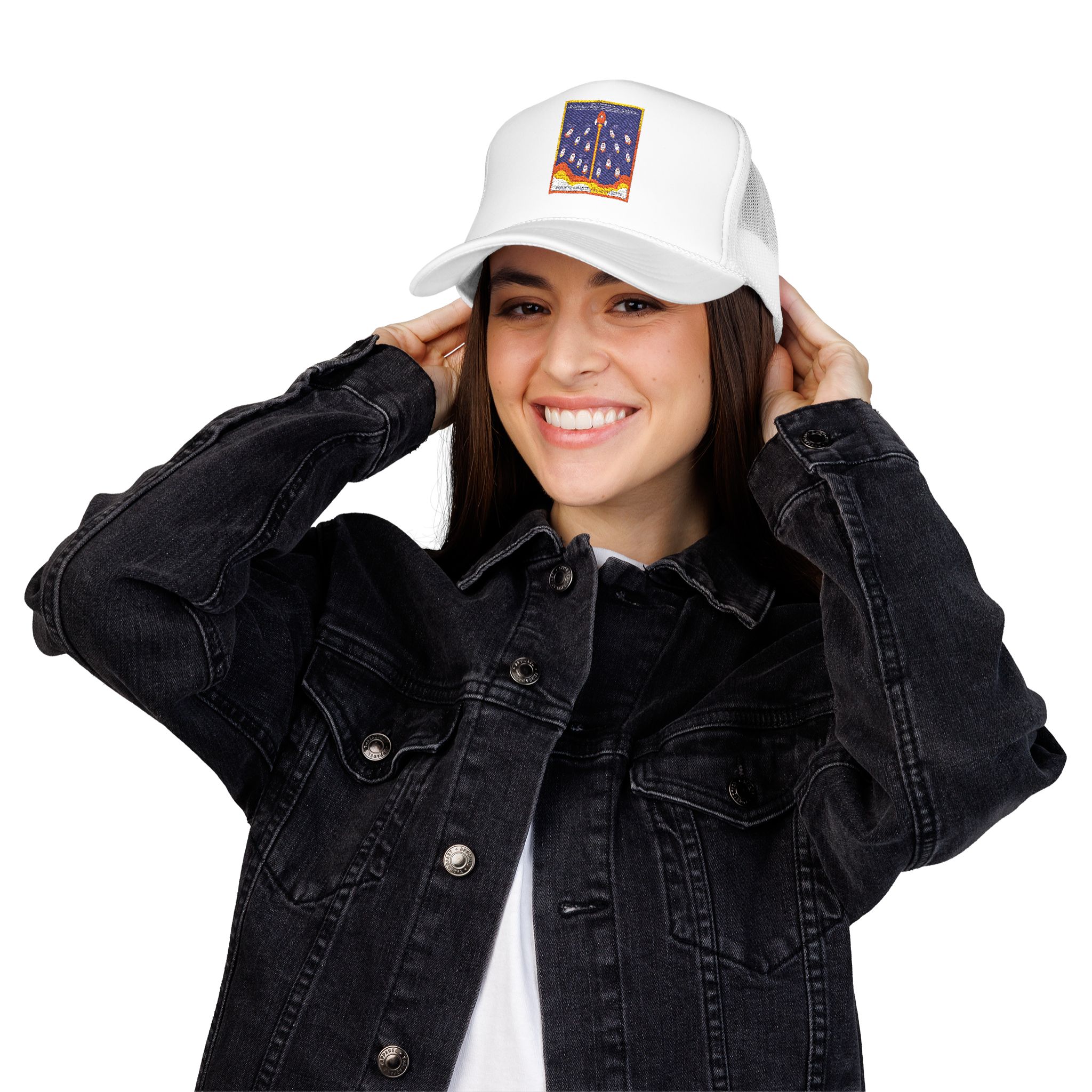 Rocket Launch Embroidered Trucker Hat — Retro Space Patch Foam Cap