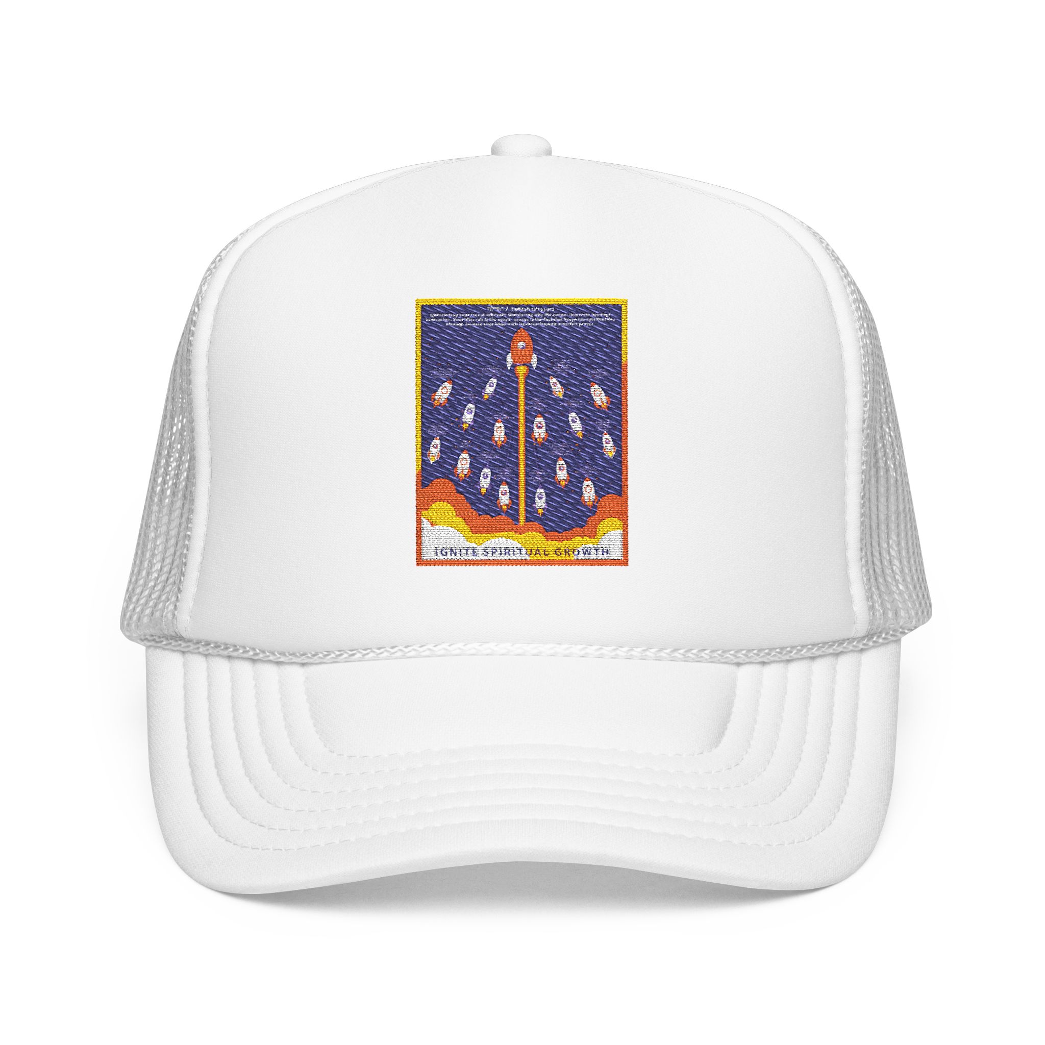Rocket Launch Embroidered Trucker Hat — Retro Space Patch Foam Cap - Image 2