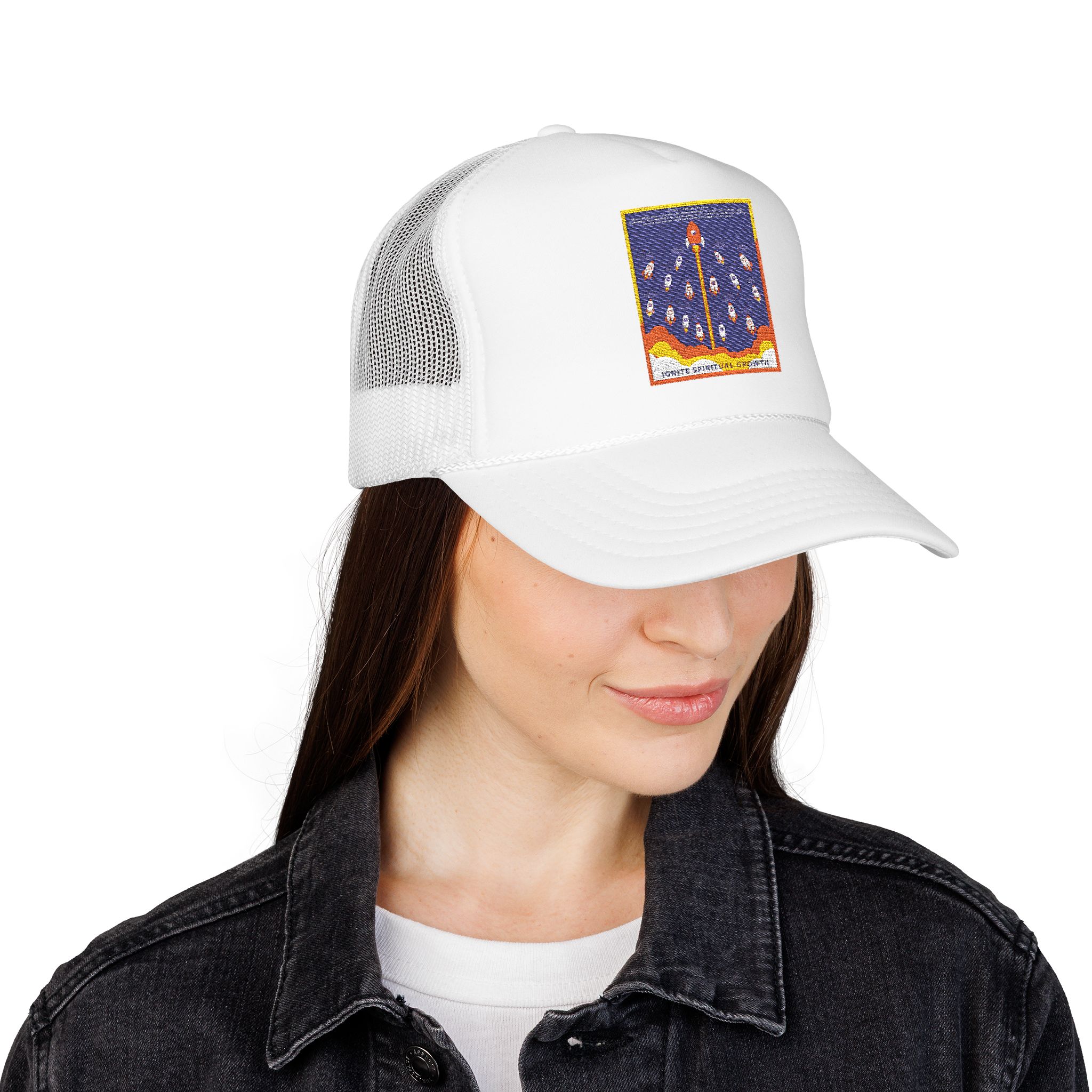 Rocket Launch Embroidered Trucker Hat — Retro Space Patch Foam Cap - Image 6